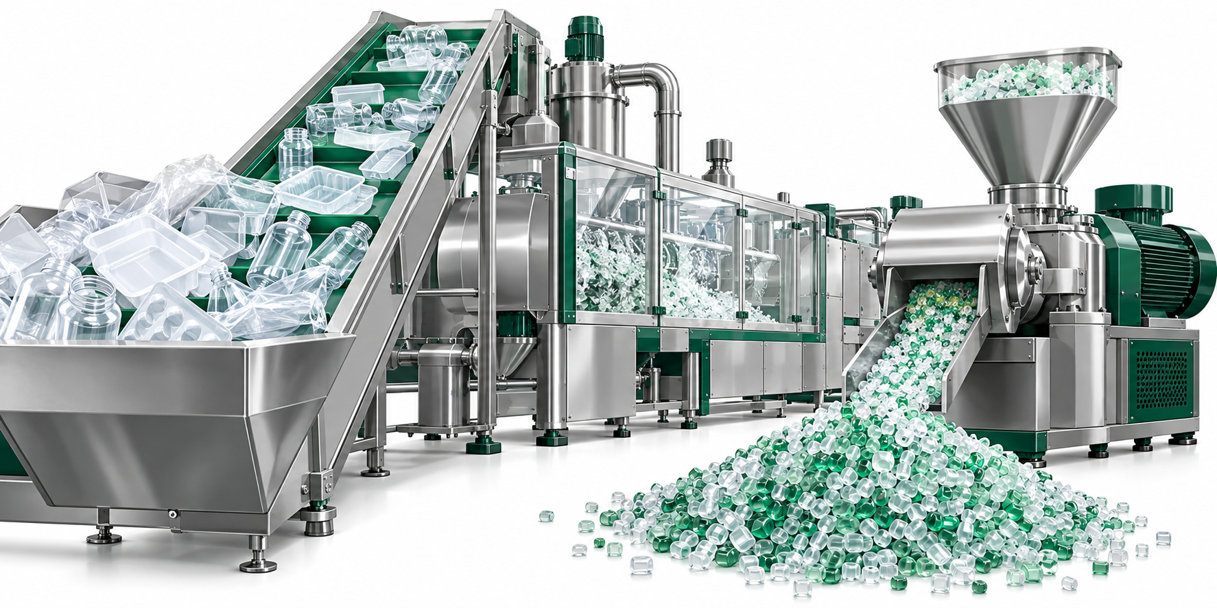 Illustration de transformation de plastiques avec convoyeur et granules