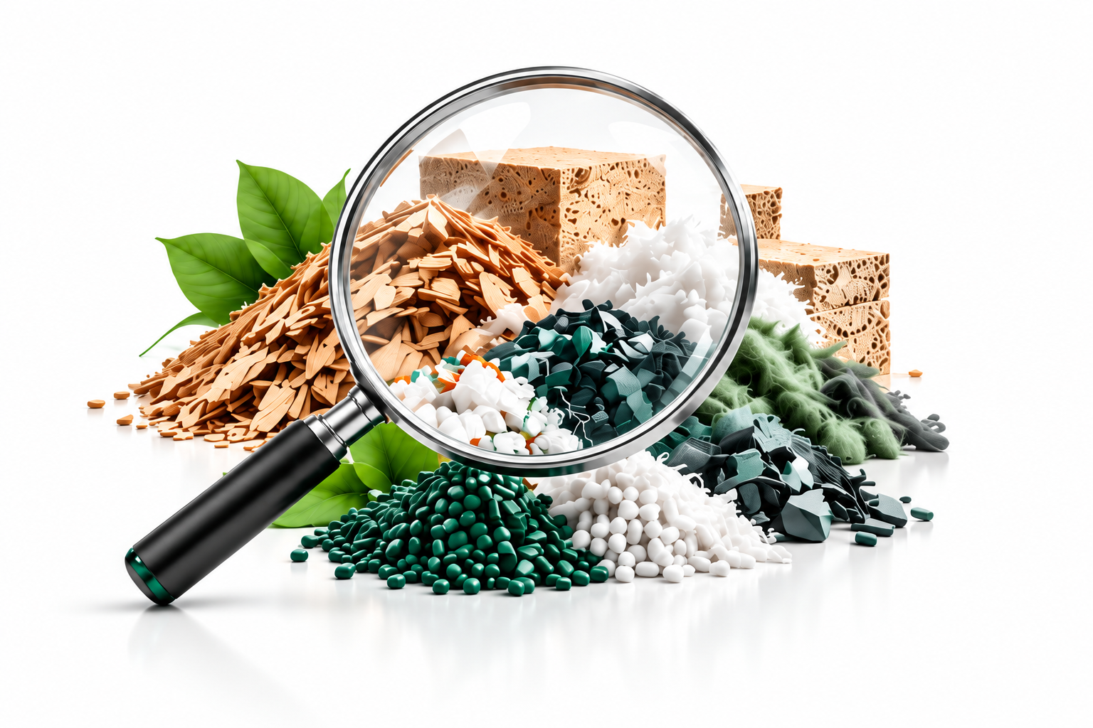 Loupe sur des matières industrielles : bois, plastiques et fibres