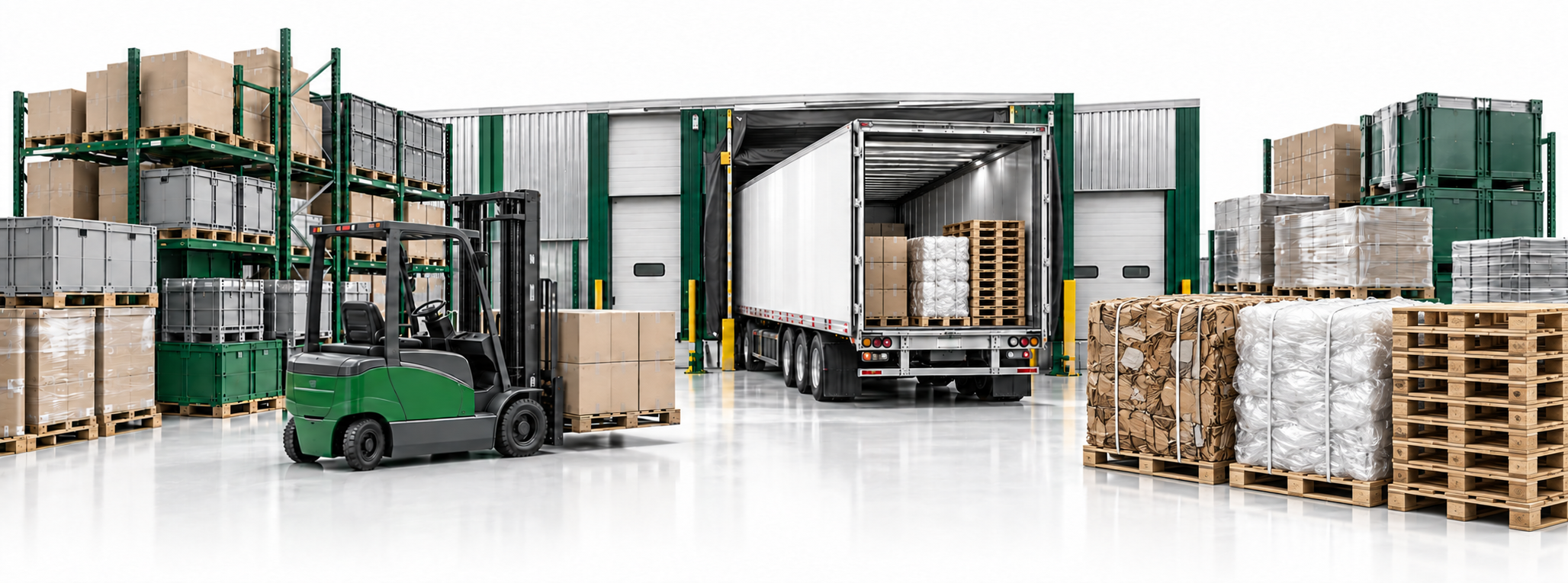 Illustration de transport et distribution : entrepôt, camion, palettes et matières récupérées